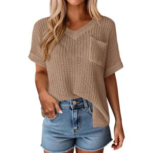 PRETTYGARDEN Women’s 2026 Spring Short Sleeve Sweaters Lightweight V Neck Casual Going Out Summer Tops Beach Vacation Clothes(Khaki)