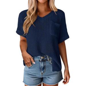 PRETTYGARDEN Women’s 2026 Spring Short Sleeve Sweaters Lightweight V Neck Casual Going Out Summer Tops Beach Vacation Clothes(Navy Blue)