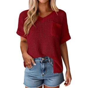 PRETTYGARDEN Women’s 2026 Spring Short Sleeve Sweaters Lightweight V Neck Casual Going Out Summer Tops Beach Vacation Clothes(Red)