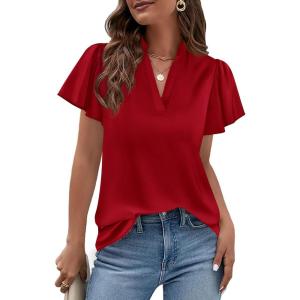 PRETTYGARDEN Women’s 2026 Summer Blouses Dressy Casual Ruffle Cap Sleeve V Neck Business Work Trendy Cute Tops Spring Outfits(Red)