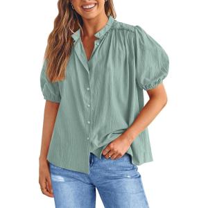 PRETTYGARDEN Women’s 2026 Summer Button Down Shirts Short Lantern Sleeve V Neck Cotton Cute Tops Dressy Casual Blouses(Aqua Blue)