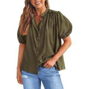 PRETTYGARDEN Women’s 2026 Summer Button Down Shirts Short Lantern Sleeve V Neck Cotton Cute Tops Dressy Casual Blouses(Army Green)