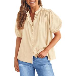 PRETTYGARDEN Women’s 2026 Summer Button Down Shirts Short Lantern Sleeve V Neck Cotton Cute Tops Dressy Casual Blouses(Beige)