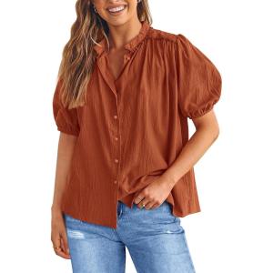 PRETTYGARDEN Women’s 2026 Summer Button Down Shirts Short Lantern Sleeve V Neck Cotton Cute Tops Dressy Casual Blouses(Brick Red)