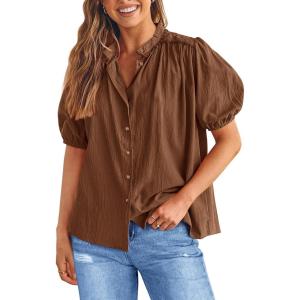 PRETTYGARDEN Women’s 2026 Summer Button Down Shirts Short Lantern Sleeve V Neck Cotton Cute Tops Dressy Casual Blouses(Brown)