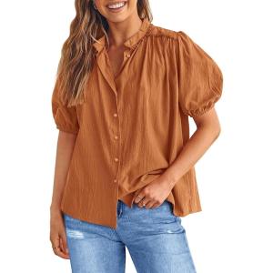 PRETTYGARDEN Women’s 2026 Summer Button Down Shirts Short Lantern Sleeve V Neck Cotton Cute Tops Dressy Casual Blouses(Brown Yellow)