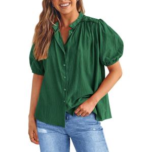 PRETTYGARDEN Women’s 2026 Summer Button Down Shirts Short Lantern Sleeve V Neck Cotton Cute Tops Dressy Casual Blouses(Dark Green)