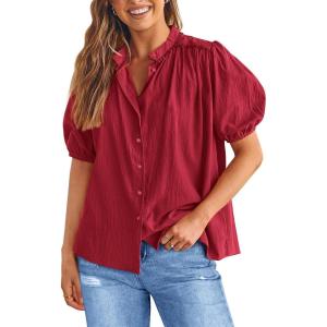 PRETTYGARDEN Women’s 2026 Summer Button Down Shirts Short Lantern Sleeve V Neck Cotton Cute Tops Dressy Casual Blouses(Dark Red)