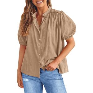 PRETTYGARDEN Women’s 2026 Summer Button Down Shirts Short Lantern Sleeve V Neck Cotton Cute Tops Dressy Casual Blouses(Khaki)