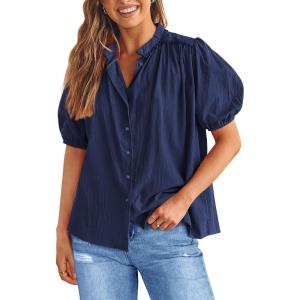PRETTYGARDEN Women’s 2026 Summer Button Down Shirts Short Lantern Sleeve V Neck Cotton Cute Tops Dressy Casual Blouses(Navy)