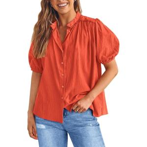 PRETTYGARDEN Women’s 2026 Summer Button Down Shirts Short Lantern Sleeve V Neck Cotton Cute Tops Dressy Casual Blouses(Orange)