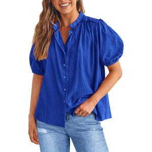 PRETTYGARDEN Women’s 2026 Summer Button Down Shirts Short Lantern Sleeve V Neck Cotton Cute Tops Dressy Casual Blouses(Royal Blue)