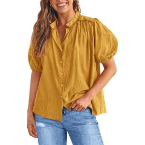 PRETTYGARDEN Women’s 2026 Summer Button Down Shirts Short Lantern Sleeve V Neck Cotton Cute Tops Dressy Casual Blouses(Turmeric)