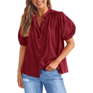 PRETTYGARDEN Women’s 2026 Summer Button Down Shirts Short Lantern Sleeve V Neck Cotton Cute Tops Dressy Casual Blouses(Wine Red)