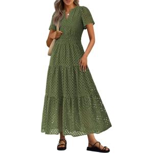 PRETTYGARDEN Womens 2026 Summer Maxi Dress Short Sleeve V Neck Hollow Out Eyelet A Line Long Flowy Beach Vacation Dresses(Army Green)