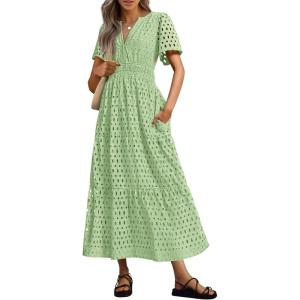 PRETTYGARDEN Womens 2026 Summer Maxi Dress Short Sleeve V Neck Hollow Out Eyelet A Line Long Flowy Beach Vacation Dresses(Bean Green)