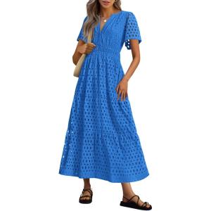 PRETTYGARDEN Womens 2026 Summer Maxi Dress Short Sleeve V Neck Hollow Out Eyelet A Line Long Flowy Beach Vacation Dresses(Blue)