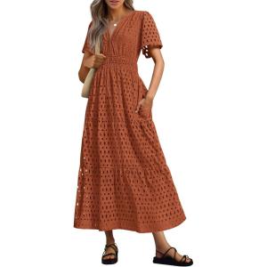 PRETTYGARDEN Womens 2026 Summer Maxi Dress Short Sleeve V Neck Hollow Out Eyelet A Line Long Flowy Beach Vacation Dresses(Brick Red)