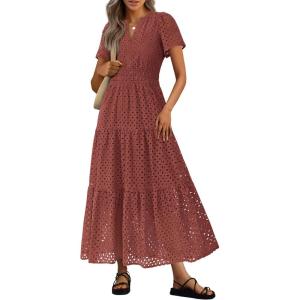 PRETTYGARDEN Womens 2026 Summer Maxi Dress Short Sleeve V Neck Hollow Out Eyelet A Line Long Flowy Beach Vacation Dresses(Brown Red)