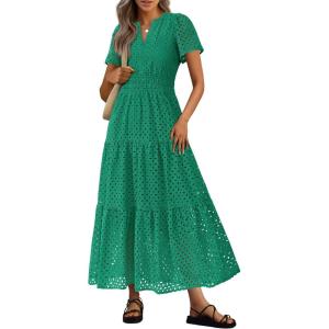 PRETTYGARDEN Womens 2026 Summer Maxi Dress Short Sleeve V Neck Hollow Out Eyelet A Line Long Flowy Beach Vacation Dresses(Dark Green)