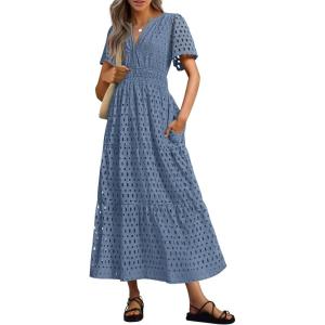 PRETTYGARDEN Womens 2026 Summer Maxi Dress Short Sleeve V Neck Hollow Out Eyelet A Line Long Flowy Beach Vacation Dresses(Dusty Blue)