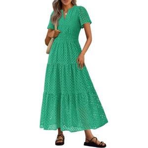 PRETTYGARDEN Womens 2026 Summer Maxi Dress Short Sleeve V Neck Hollow Out Eyelet A Line Long Flowy Beach Vacation Dresses(Green)