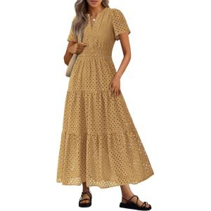 PRETTYGARDEN Womens 2026 Summer Maxi Dress Short Sleeve V Neck Hollow Out Eyelet A Line Long Flowy Beach Vacation Dresses(Khaki)