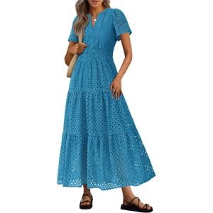 PRETTYGARDEN Womens 2026 Summer Maxi Dress Short Sleeve V Neck Hollow Out Eyelet A Line Long Flowy Beach Vacation Dresses(Lake Blue)