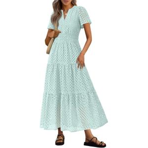 PRETTYGARDEN Womens 2026 Summer Maxi Dress Short Sleeve V Neck Hollow Out Eyelet A Line Long Flowy Beach Vacation Dresses(Light Green)