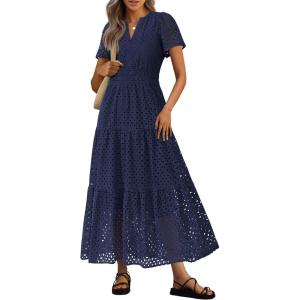 PRETTYGARDEN Womens 2026 Summer Maxi Dress Short Sleeve V Neck Hollow Out Eyelet A Line Long Flowy Beach Vacation Dresses(Navy)