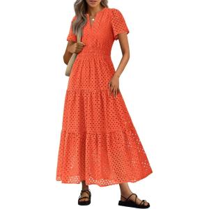 PRETTYGARDEN Womens 2026 Summer Maxi Dress Short Sleeve V Neck Hollow Out Eyelet A Line Long Flowy Beach Vacation Dresses(Orange)