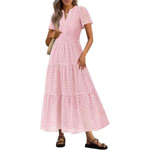 PRETTYGARDEN Womens 2026 Summer Maxi Dress Short Sleeve V Neck Hollow Out Eyelet A Line Long Flowy Beach Vacation Dresses(Pink)