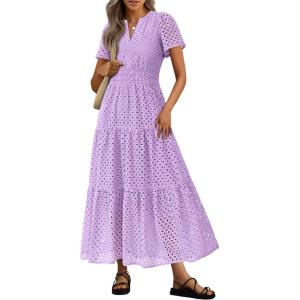 PRETTYGARDEN Womens 2026 Summer Maxi Dress Short Sleeve V Neck Hollow Out Eyelet A Line Long Flowy Beach Vacation Dresses(Purple)