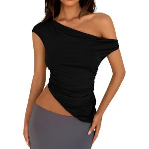 PRETTYGARDEN Womens 2026 Summer Off The Shoulder Crop Tops Sleeveless One Shoulder Ruched Asymmetrical Y2K Going Out Tank Top(Black)