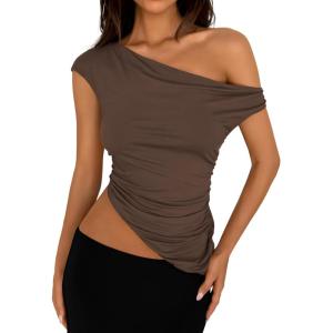 PRETTYGARDEN Womens 2026 Summer Off The Shoulder Crop Tops Sleeveless One Shoulder Ruched Asymmetrical Y2K Going Out Tank Top(Coffee)