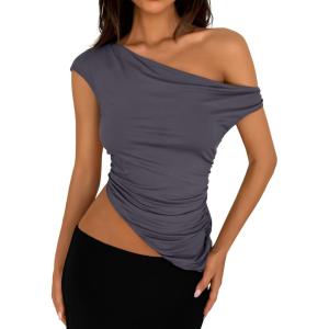 PRETTYGARDEN Womens 2026 Summer Off The Shoulder Crop Tops Sleeveless One Shoulder Ruched Asymmetrical Y2K Going Out Tank Top(Dark Grey)