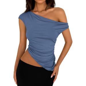 PRETTYGARDEN Womens 2026 Summer Off The Shoulder Crop Tops Sleeveless One Shoulder Ruched Asymmetrical Y2K Going Out Tank Top(Grey Blue)