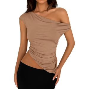 PRETTYGARDEN Womens 2026 Summer Off The Shoulder Crop Tops Sleeveless One Shoulder Ruched Asymmetrical Y2K Going Out Tank Top(Khaki)