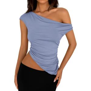 PRETTYGARDEN Womens 2026 Summer Off The Shoulder Crop Tops Sleeveless One Shoulder Ruched Asymmetrical Y2K Going Out Tank Top(Light Blue)