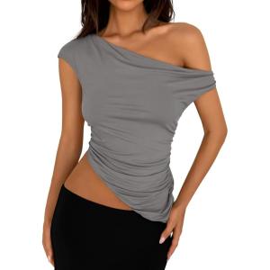 PRETTYGARDEN Womens 2026 Summer Off The Shoulder Crop Tops Sleeveless One Shoulder Ruched Asymmetrical Y2K Going Out Tank Top(Light Grey)