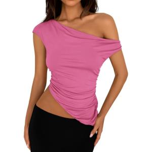PRETTYGARDEN Womens 2026 Summer Off The Shoulder Crop Tops Sleeveless One Shoulder Ruched Asymmetrical Y2K Going Out Tank Top(Pink)