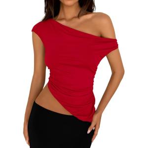PRETTYGARDEN Womens 2026 Summer Off The Shoulder Crop Tops Sleeveless One Shoulder Ruched Asymmetrical Y2K Going Out Tank Top(Red)