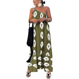 PRETTYGARDEN Women’s 2026 Summer One Shoulder Maxi Dress Printed Flowy Boho Long Sundresses Spring Beach Vacation Clothes(Army Green White Floral)