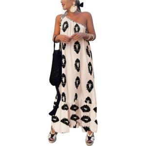 PRETTYGARDEN Women’s 2026 Summer One Shoulder Maxi Dress Printed Flowy Boho Long Sundresses Spring Beach Vacation Clothes(Beige Black Floral)