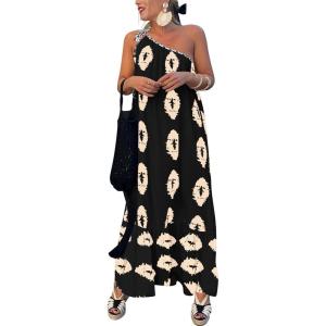 PRETTYGARDEN Women’s 2026 Summer One Shoulder Maxi Dress Printed Flowy Boho Long Sundresses Spring Beach Vacation Clothes(Black Apricot Floral)