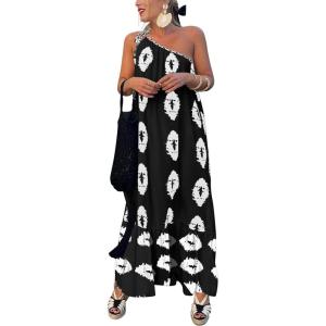 PRETTYGARDEN Women’s 2026 Summer One Shoulder Maxi Dress Printed Flowy Boho Long Sundresses Spring Beach Vacation Clothes(Black White Floral)