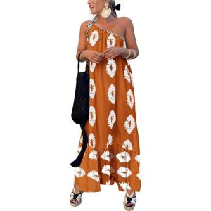 PRETTYGARDEN Women’s 2026 Summer One Shoulder Maxi Dress Printed Flowy Boho Long Sundresses Spring Beach Vacation Clothes(Brick Red White Floral)