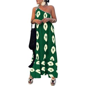 PRETTYGARDEN Women’s 2026 Summer One Shoulder Maxi Dress Printed Flowy Boho Long Sundresses Spring Beach Vacation Clothes(Dark Green Apricot Floral)