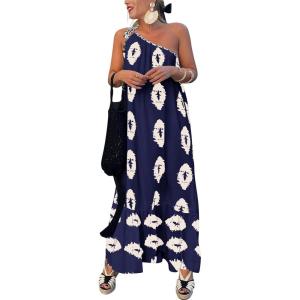 PRETTYGARDEN Women’s 2026 Summer One Shoulder Maxi Dress Printed Flowy Boho Long Sundresses Spring Beach Vacation Clothes(Navy Apricot Floral)