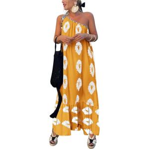 PRETTYGARDEN Women’s 2026 Summer One Shoulder Maxi Dress Printed Flowy Boho Long Sundresses Spring Beach Vacation Clothes(Turmeric White Floral)